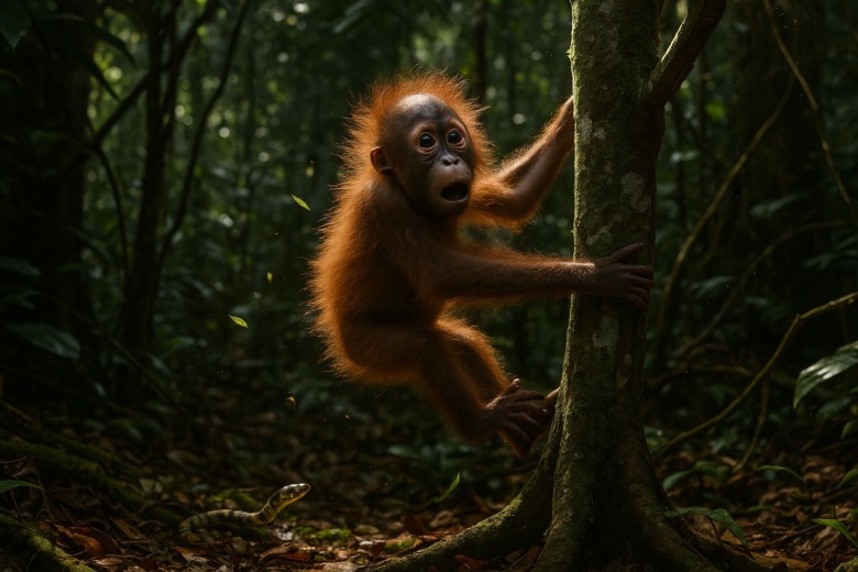 子オランウータンが地面のヘビに驚き、勢いよく木を登る瞬間。森の中で“恐れ”を学ぶ野生復帰の授業の一場面。