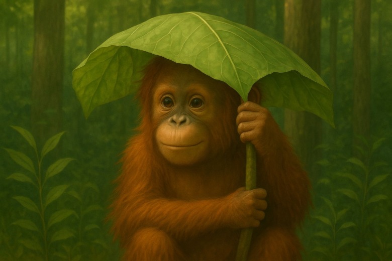 熱帯雨林の中で、子オランウータンが大きな葉っぱを頭にのせ、雨や日差しをよけている。木漏れ日が毛に当たり、静かな学びの時間を感じさせる情景。