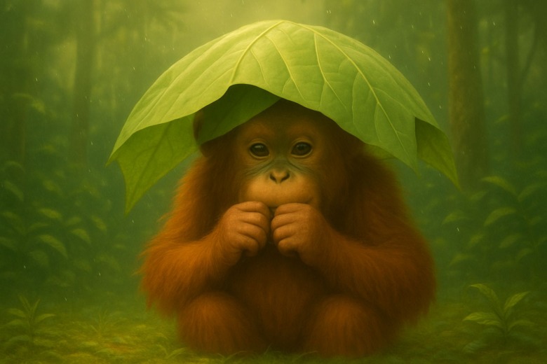 熱帯雨林の中で、子オランウータンが大きな葉っぱを頭にのせ、雨や日差しをよけている。木漏れ日が毛に当たり、静かな学びの時間を感じさせる情景。