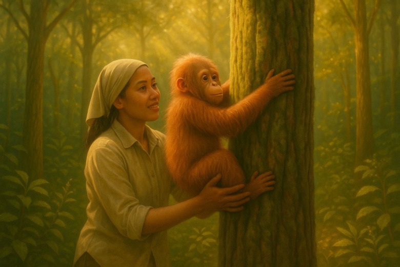 森の中で、人間の飼育員が子オランウータンに木登りを教えている。二人が上を見上げ、木漏れ日の中で生きる力を学ぶ授業の一場面。