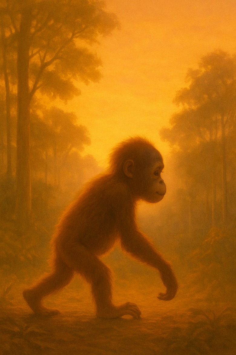 夕暮れの森の中を、小さなオランウータンが一人で歩いている。柔らかなオレンジの光に包まれ、成長と未来への希望を感じさせる静かな場面。
