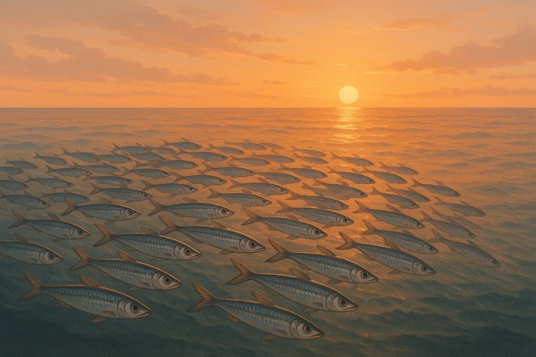 夕暮れの海を進む成魚群。静かな調和と一体感のある群れ