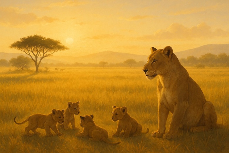 朝のサバンナで母ライオンが子どもたちを見守る光景。金色の草原に穏やかな朝日が差す。