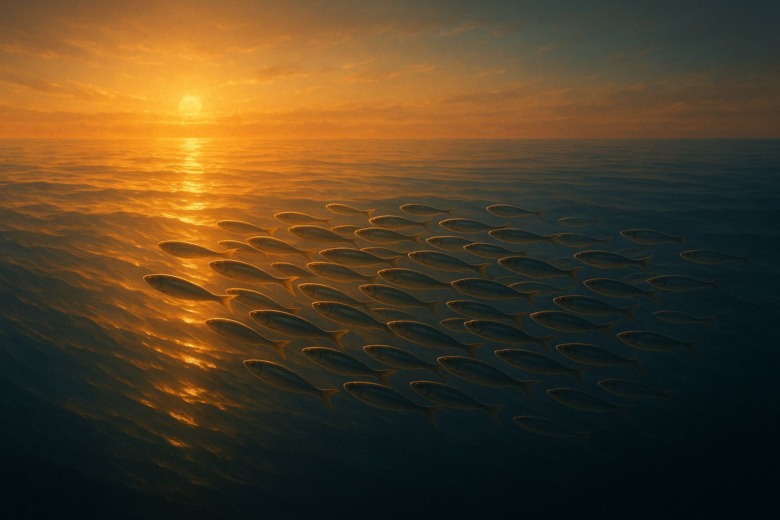 夕暮れの海を、金色の光に包まれながら一方向へ泳ぐ成魚のイワシ群。
