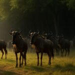 森の入口で立ち止まり、風の匂いを感じながら警戒するヌーの群れ