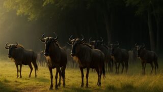 森の入口で立ち止まり、風の匂いを感じながら警戒するヌーの群れ