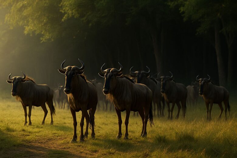 森の入口で立ち止まり、風の匂いを感じながら警戒するヌーの群れ
