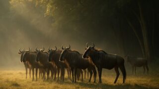 森の入口で立ち止まり、進むべきか慎重に判断するヌーの群れ