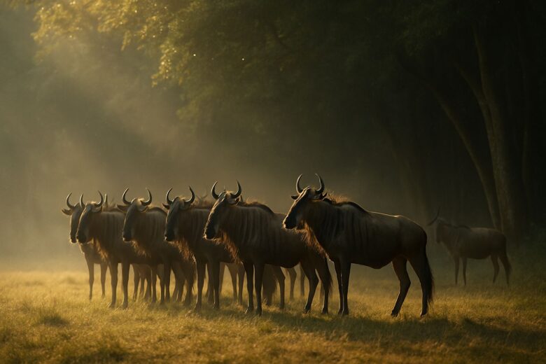 森の入口で立ち止まり、進むべきか慎重に判断するヌーの群れ