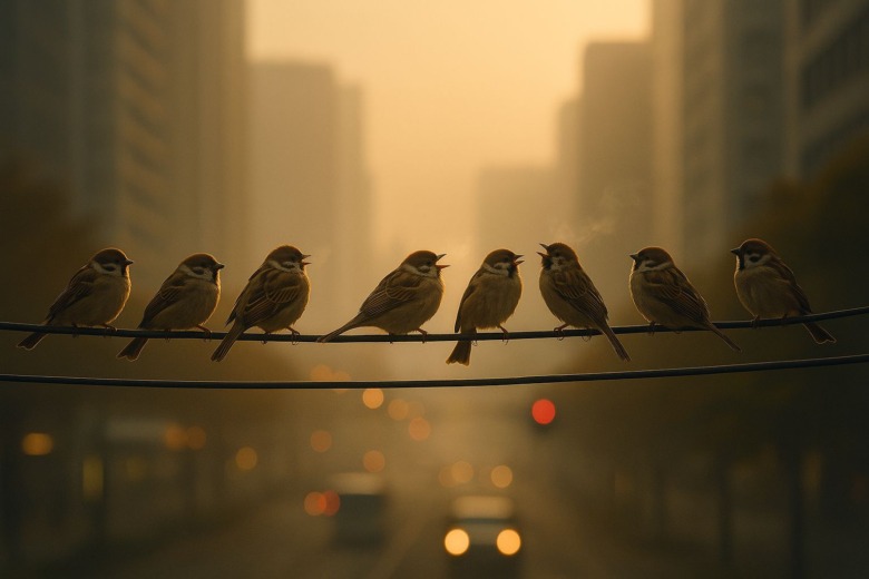 早朝の街を背景に、電線の上で鳴き交わすスズメたちの群れ