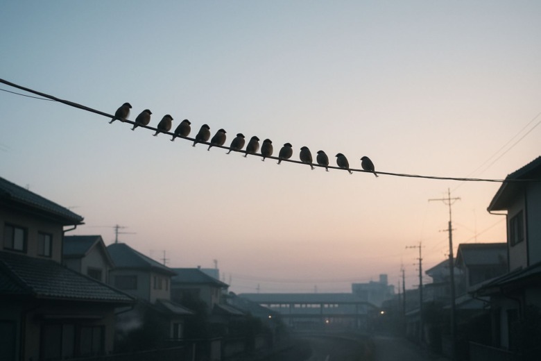 早朝の街を背景に、電線の上で静かに並ぶスズメたち。冷たい空気の中、都会の朝が始まろうとしている。