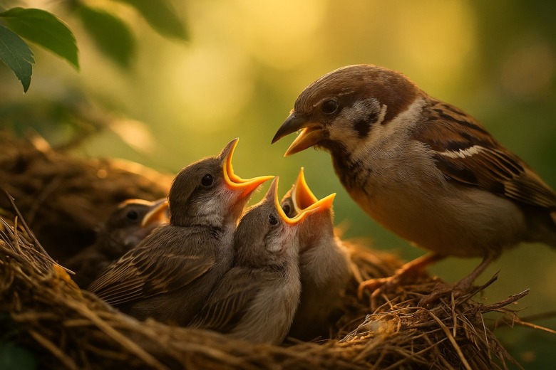 巣の中で親鳥の声を聞くヒナスズメたち。鳴き方の文化を学ぶ瞬間