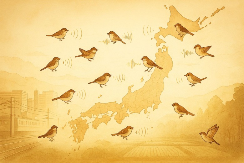各地のスズメの“方言”を可視化した、音の地図のようなイラスト