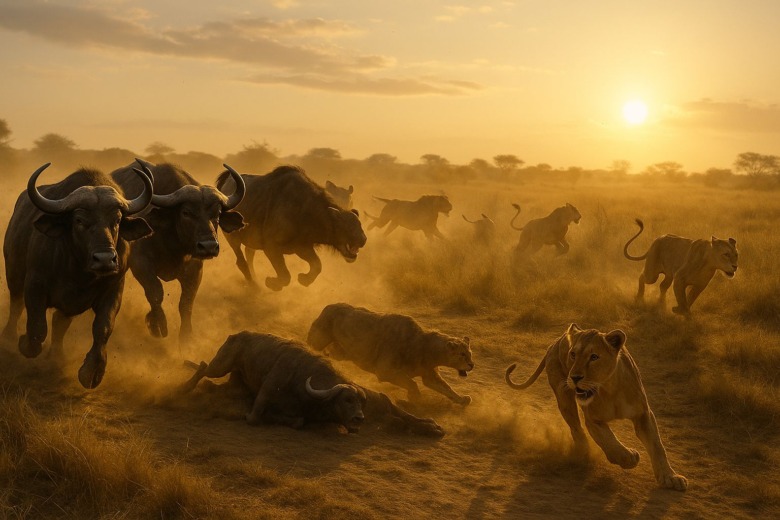 ライオンに立ち向かうバッファローの群れ。土煙を上げながら一斉に走り出す勇敢な姿。