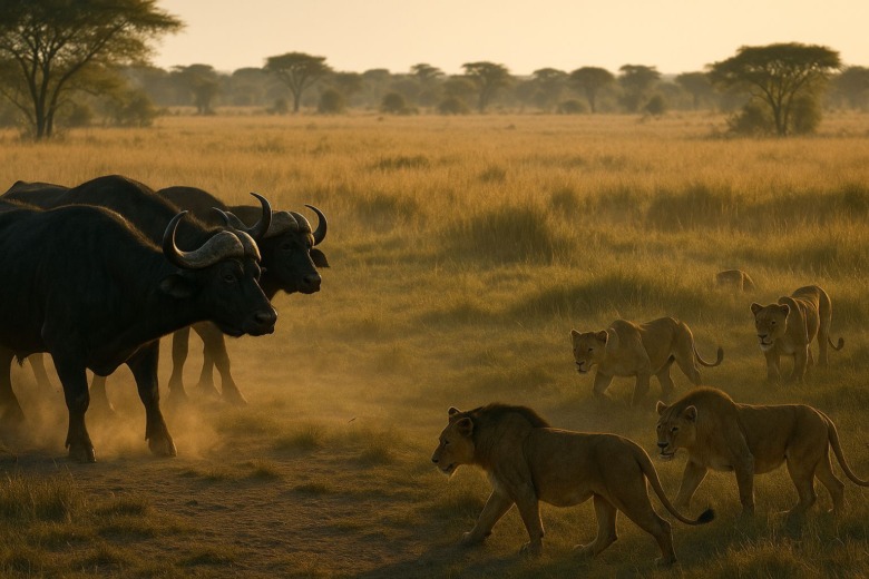アフリカのサバンナの夜明け。ライオンとバッファローの群れが向かい合い、静かな緊張感が漂う広大な風景。