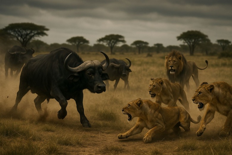 草むらに潜んでいたバッファローの若者たちが、一斉にライオンに突進する。静寂を破る緊迫の瞬間が広がる。