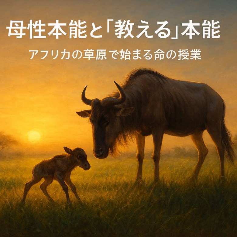 セレンゲティの草原で朝を迎えるヌーの群れ。命の授業の始まりを象徴する情景