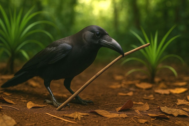 枝を選びながら観察するニューカレドニアのカラス ― 自然が作る学びの場