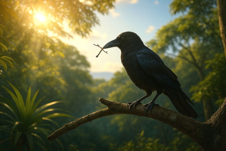 ニューカレドニアの森で朝の光を浴びるカラス ― 自然の中の学びの象徴