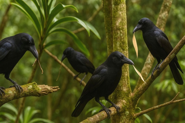 それぞれ異なる形の枝を使うニューカレドニアカラスたち ― 文化としての道具づかい