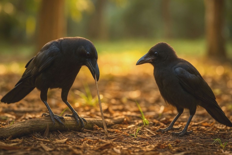 枝を使う親カラスを見守る幼鳥 ― 信頼でつながる学びの時間