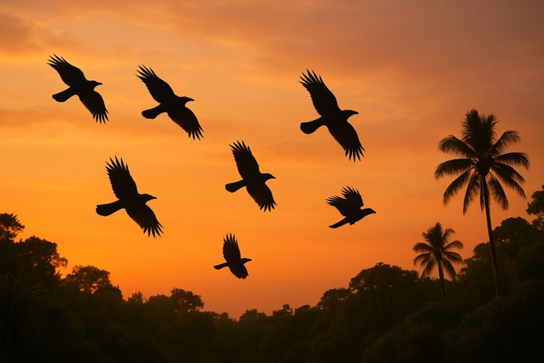 夕暮れの森を飛ぶカラスたち ― 無言の継承と学びの連鎖