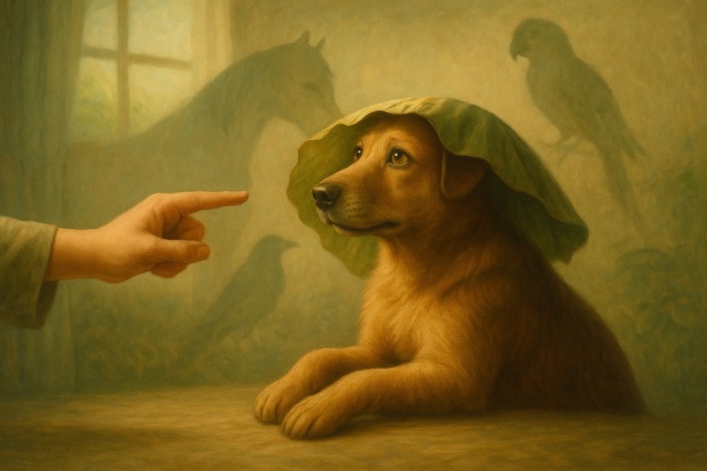 人の指差しを見つめる犬と、共感する動物たちの象徴