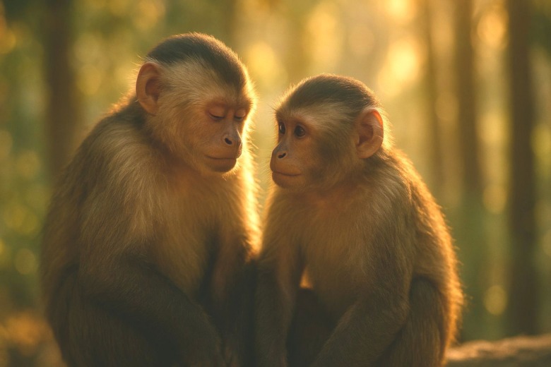 木漏れ日の中で寄り添う2匹のサル。争いの後の穏やかな時間。