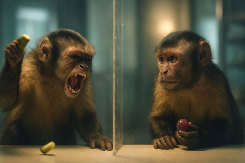 ガラス越しに座る２匹のサル。キュウリを投げるサルと、ブドウを持つサル。公平さを訴える瞬間の実験風景。