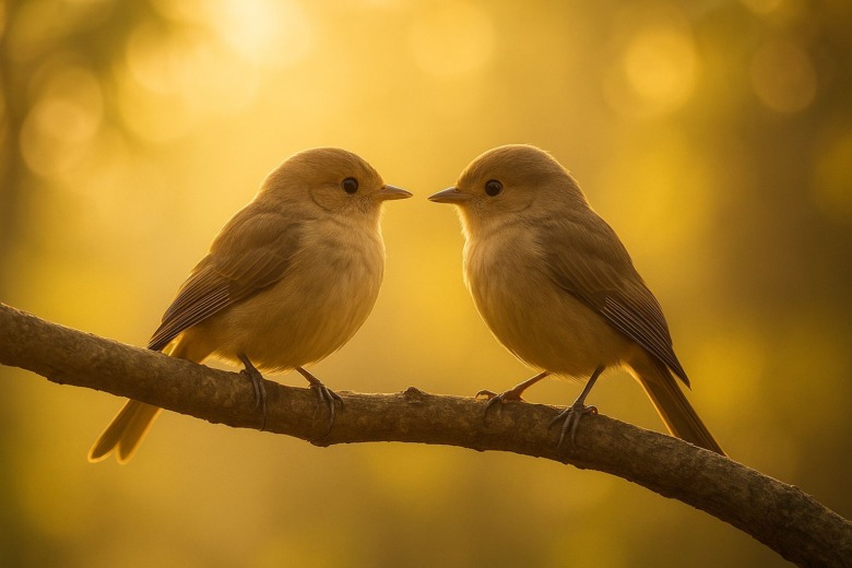 柔らかな朝の光の中で、２羽の鳥が枝の上で静かに向き合っている。心のつながりを象徴する情景。