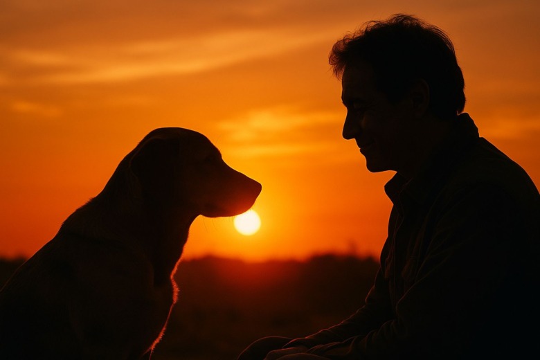 夕日の中で、人と犬が向かい合い、静かに心を通わせている。