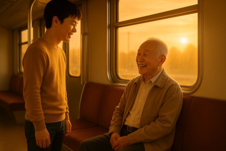 夕方の電車で、若者がそっと席を譲り、高齢の人が安心した表情で腰を下ろしている。