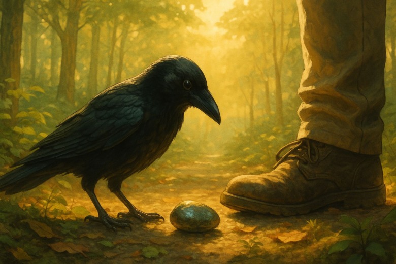 森の中で、カラスが光る石を人の足元に置いている。感謝を伝えるような優しい場面。