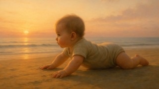 海辺の朝、柔らかな光の中でハイハイを始める赤ちゃん。動きの中に生命の記憶が宿る。