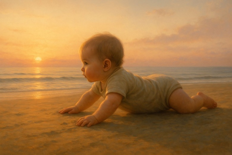 海辺の朝、柔らかな光の中でハイハイを始める赤ちゃん。動きの中に生命の記憶が宿る。