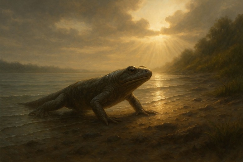 水辺を腹ばいで進む両生類。陸に挑む生命の最初の姿。