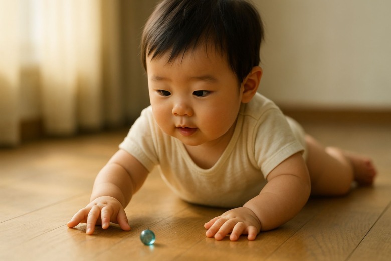 床に座った赤ちゃんが光るものを見つけ、興味深そうに手を伸ばしている。