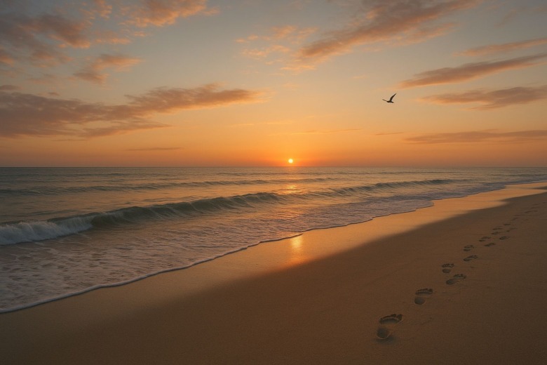 夕暮れの海辺に残る足跡と静かな波。心の旅が続いていく象徴的な情景。