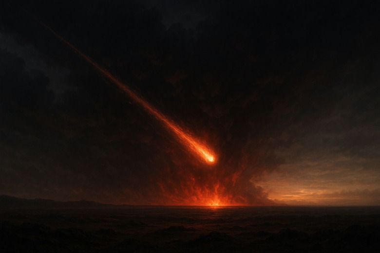 隕石が地球に衝突し、空が赤く染まる。絶滅と再生の境界を象徴する場面。