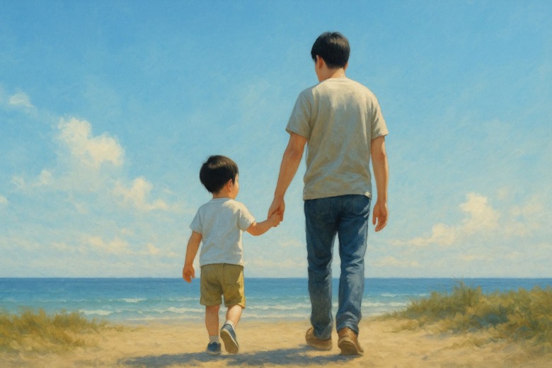 青い空の下、親子が手をつなぎ歩いている。生命の記憶が世代を超えて受け継がれる。