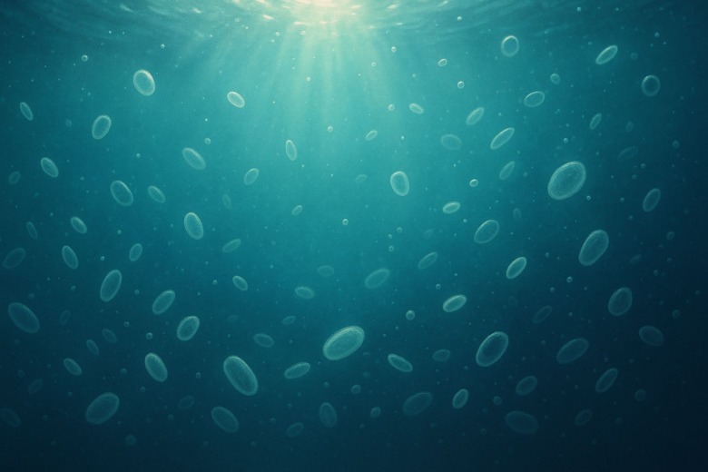 光の差す原始の海に漂う微生物。最初の生命が動き始めた瞬間を表す。