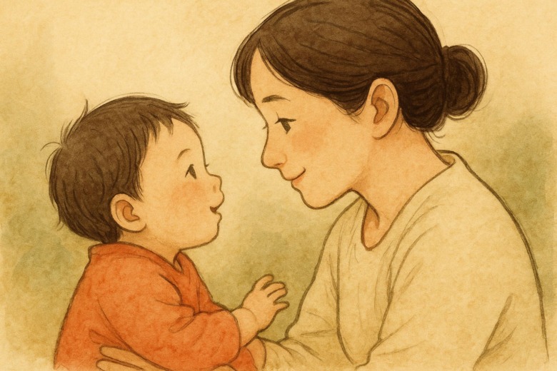 母と子が目を合わせ、安心と信頼を感じている温かなシーン。