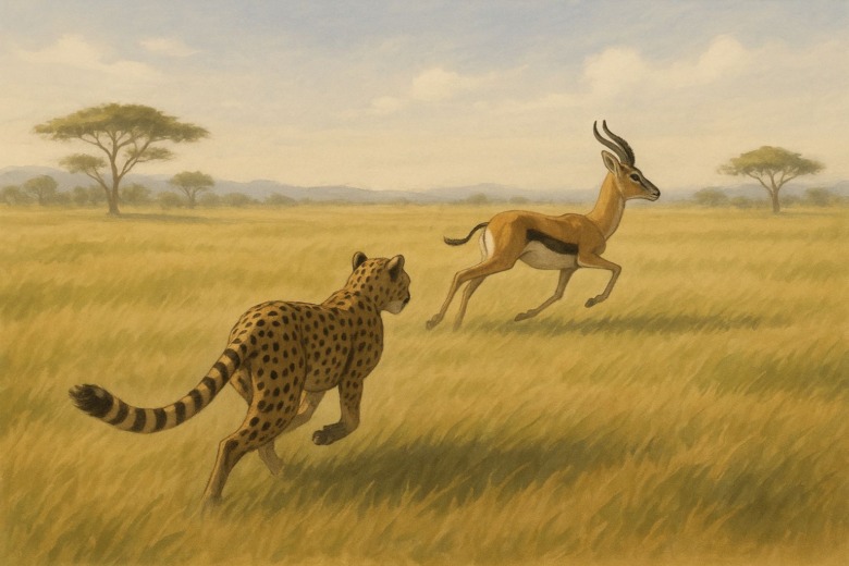 ガゼルの動きを予測しながら追跡するチーターの姿。