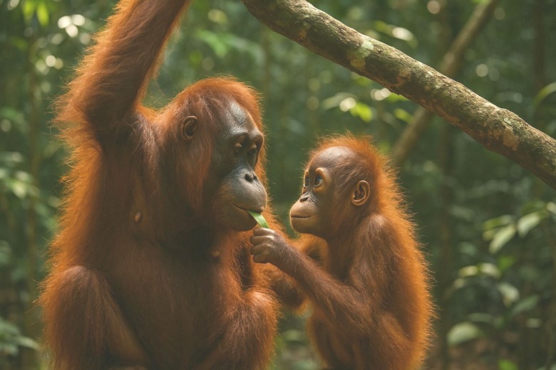母親の行動をじっと見て真似しようとしている子どものオランウータンの様子。