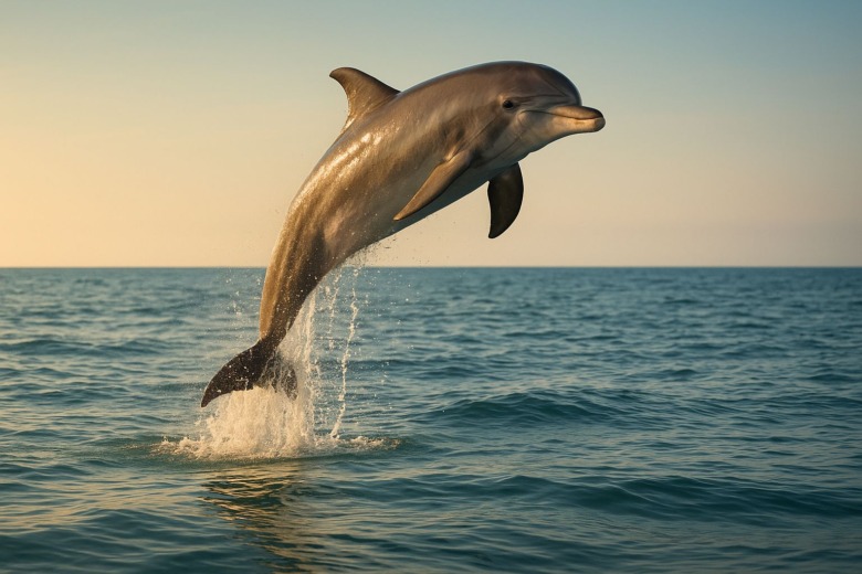 朝の海で高くジャンプする若いイルカ。遊びのようでありながら、生き抜く力を育む動き。