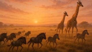 朝焼けのサバンナを歩く若い動物たち。未知の世界へ向かう姿が冒険心を象徴している。