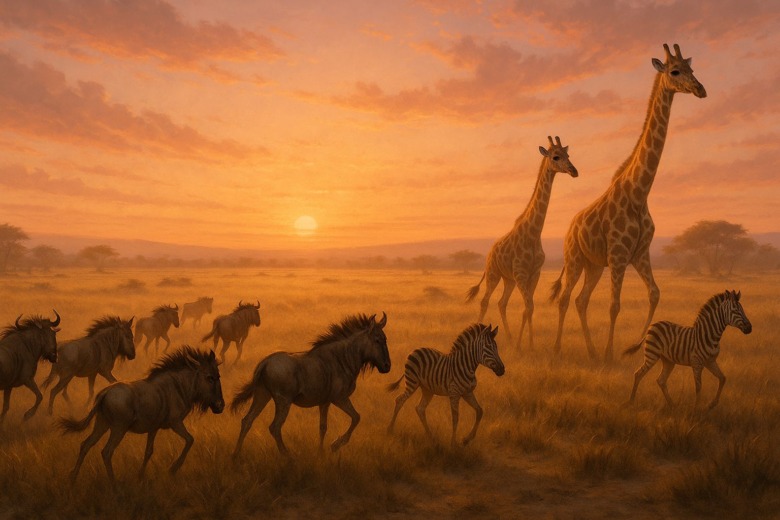 朝焼けのサバンナを歩く若い動物たち。未知の世界へ向かう姿が冒険心を象徴している。