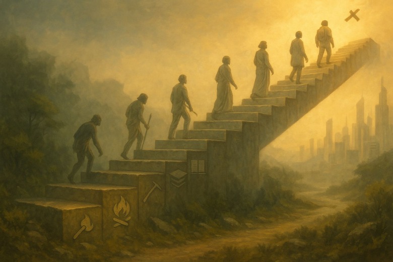 火から始まり、言葉、文字、インターネット、AIへと文化が進化してきた流れを表す絵巻