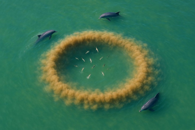 フロリダ湾の浅瀬で、バンドウイルカが海底に円形の泥の輪を作って魚を追い込んでいる様子。泥が舞い上がり、数匹の魚が輪の中で跳ねている。