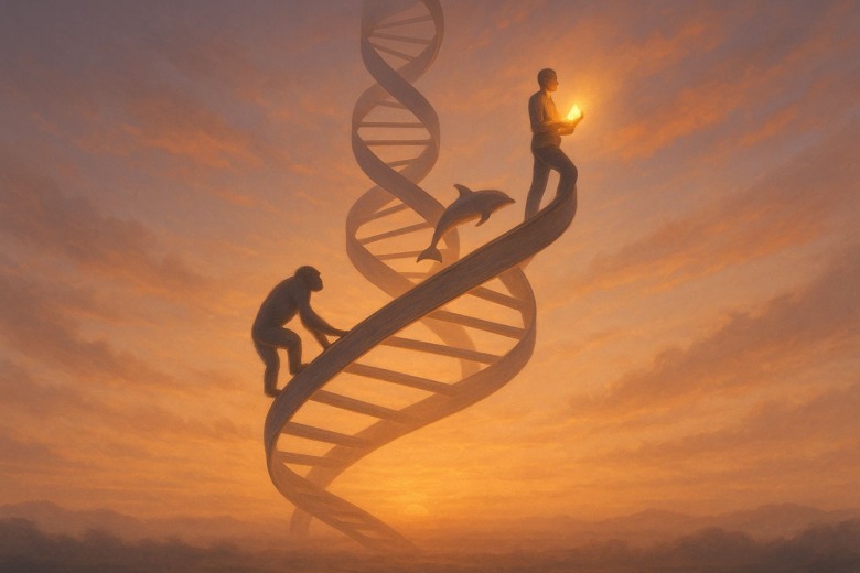 DNAの二重らせんが空へと伸び、その上をチンパンジー、イルカ、人間が登っていく。人間は道具や本を手にし、文化の進化を象徴している幻想的なビジュアル。